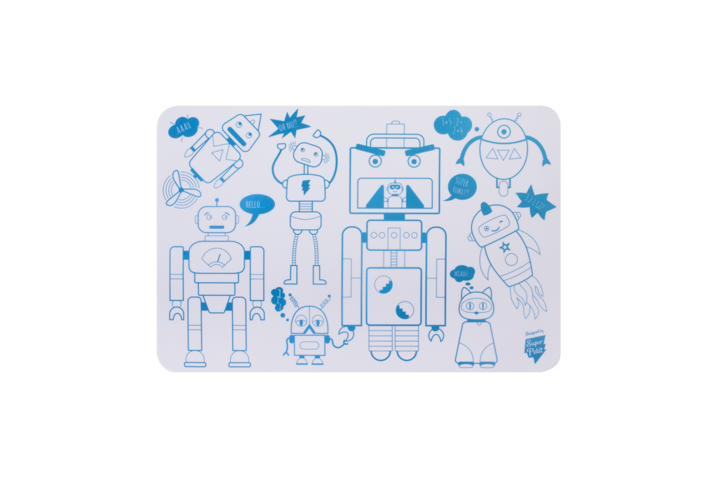 A white rectangular card or sticker sheet featuring blue line-art illustrations of various cute robots, aliens, stars, and speech bubbles on a plain white background.