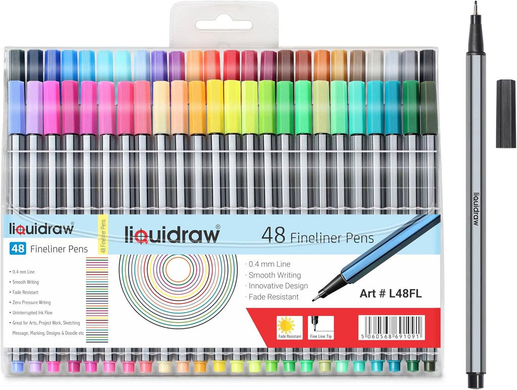 Liquidraw Multicolour Fineliner Pens - 48 Set | Fine Point 0.4 mm Tip | Storage Wallet | Coloured Pens For Artists, Handwriting, Drawing, Calligraphy, Sketching | Ergonomic Design | Fade Resistant Ink