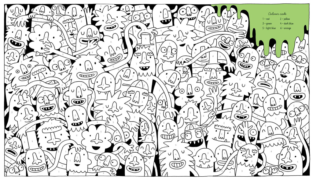 A black and white line art illustration featuring a dense, chaotic collage of cartoonish monster faces and abstract shapes, with a green dripping label in the top right corner containing text.