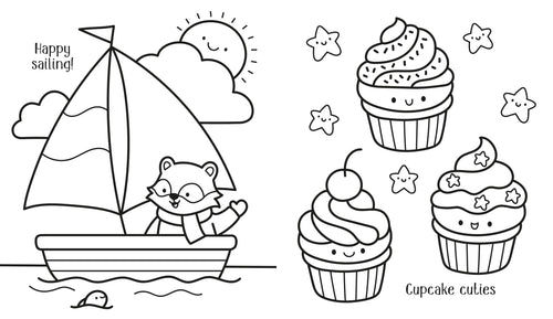 Black and white coloring page featuring a cute raccoon sailing in a small boat with the text 'Happy sailing!' on the left, and three smiling cupcakes with stars and the text 'Cupcake cuties' on the right.