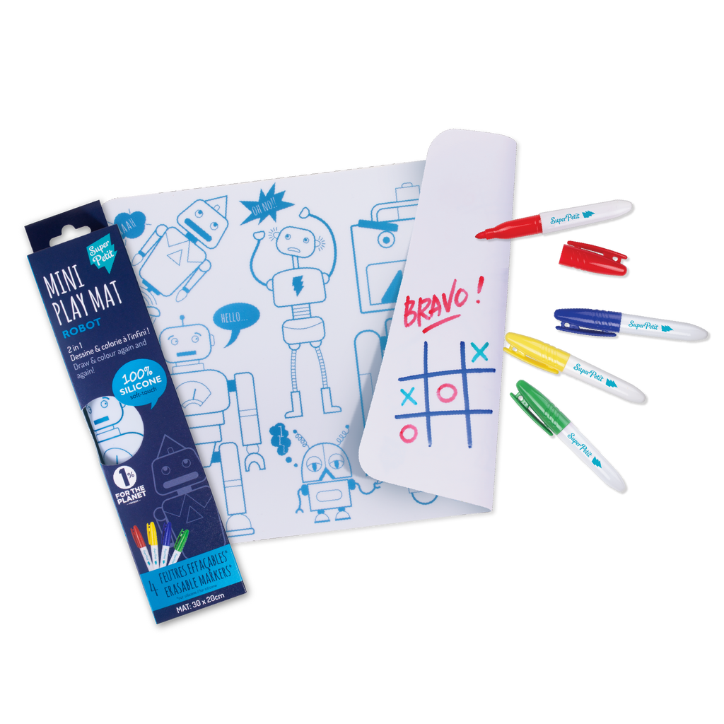 Mini Play Mat toy set with a white play mat featuring blue robot illustrations, a white marker-eraser tool, and five colored markers in red, blue, yellow, green, and white. The packaging box is visible on the left.