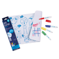 Mini Play Mat toy set with a white play mat featuring blue robot illustrations, a white marker-eraser tool, and five colored markers in red, blue, yellow, green, and white. The packaging box is visible on the left.
