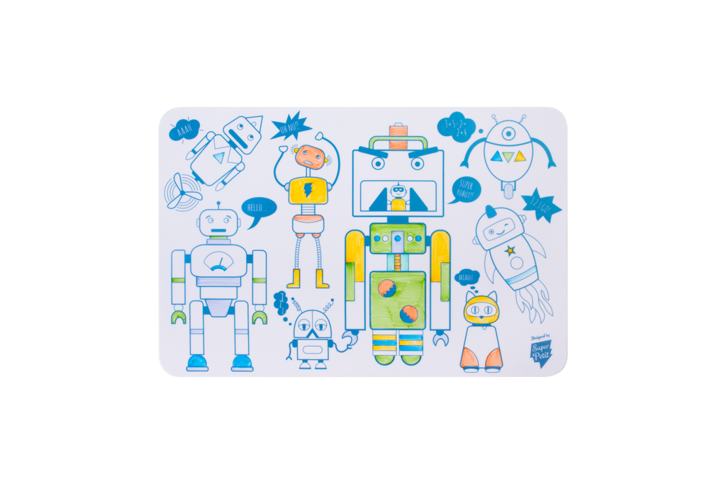 A rectangular white board or mat with rounded corners, featuring a colorful cartoon robot illustration pattern in blue, yellow, green, and orange on a plain white background.