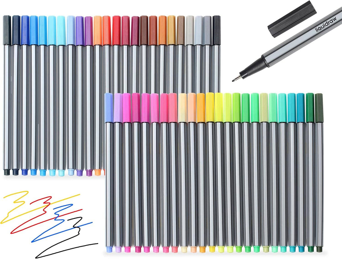 Liquidraw Multicolour Fineliner Pens - 48 Set | Fine Point 0.4 mm Tip | Storage Wallet | Coloured Pens For Artists, Handwriting, Drawing, Calligraphy, Sketching | Ergonomic Design | Fade Resistant Ink