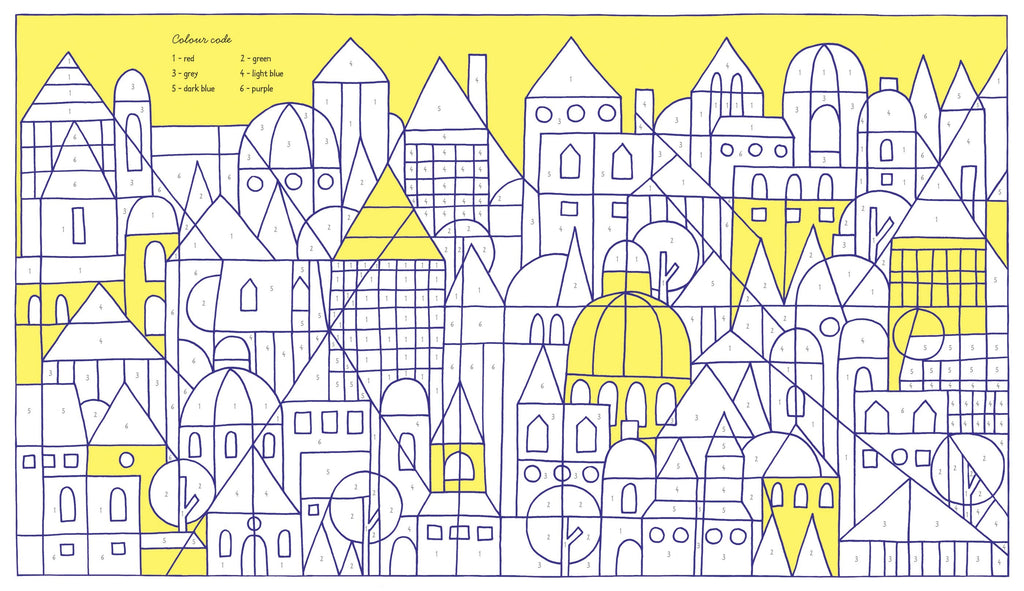 A colorful fill-in the blank art print depicting a whimsical city skyline with geometric buildings, trees, and domes, featuring a color key in the top left corner.