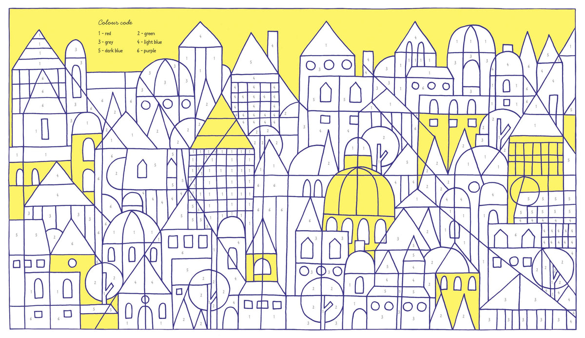 A colorful fill-in the blank art print depicting a whimsical city skyline with geometric buildings, trees, and domes, featuring a color key in the top left corner.