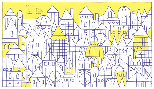 A colorful fill-in the blank art print depicting a whimsical city skyline with geometric buildings, trees, and domes, featuring a color key in the top left corner.