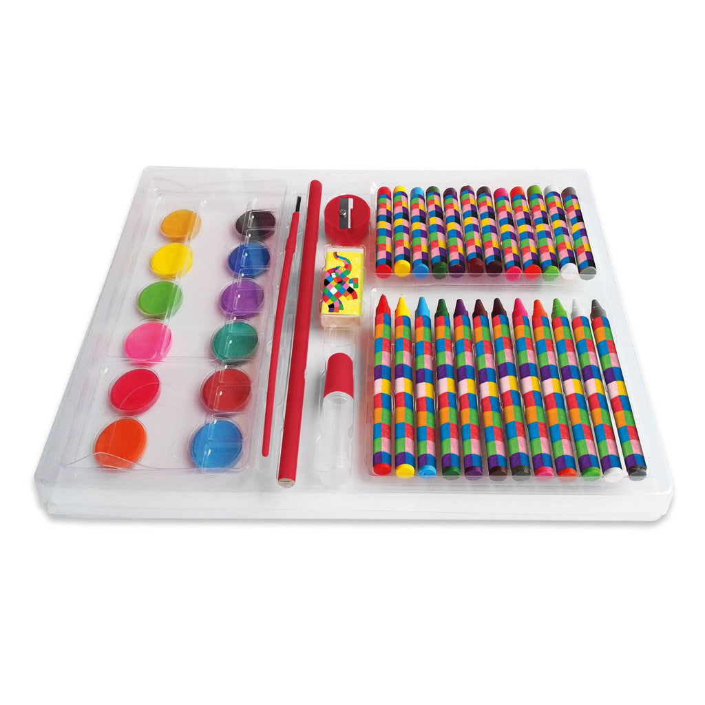 A children's art and craft set in a clear plastic tray, featuring a 12-color paint palette, two red sticks, a red eraser, a small yellow box, and multiple colourful crayons on a white background.