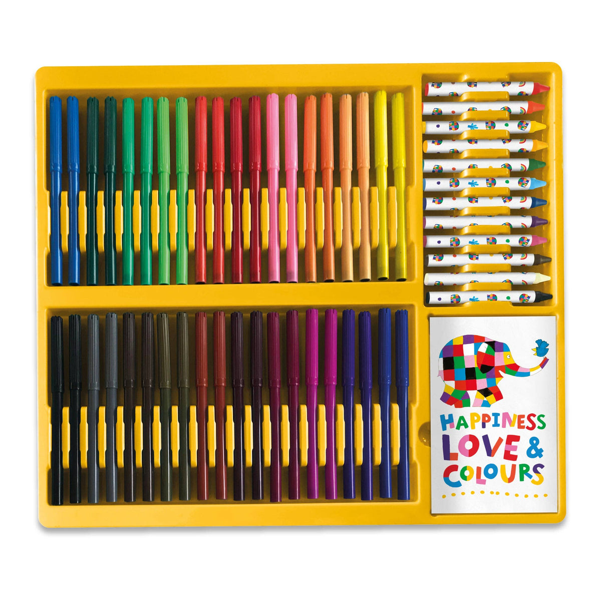 A yellow plastic art set organiser containing crayons, markers arranged in rows, with a small card that reads 'HAPPINESS LOVE & COLOURS' featuring a colourful elephant illustration.
