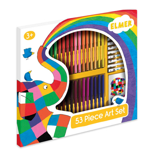 Elmer 53-piece art set packaging with colorful design and rainbow elements.