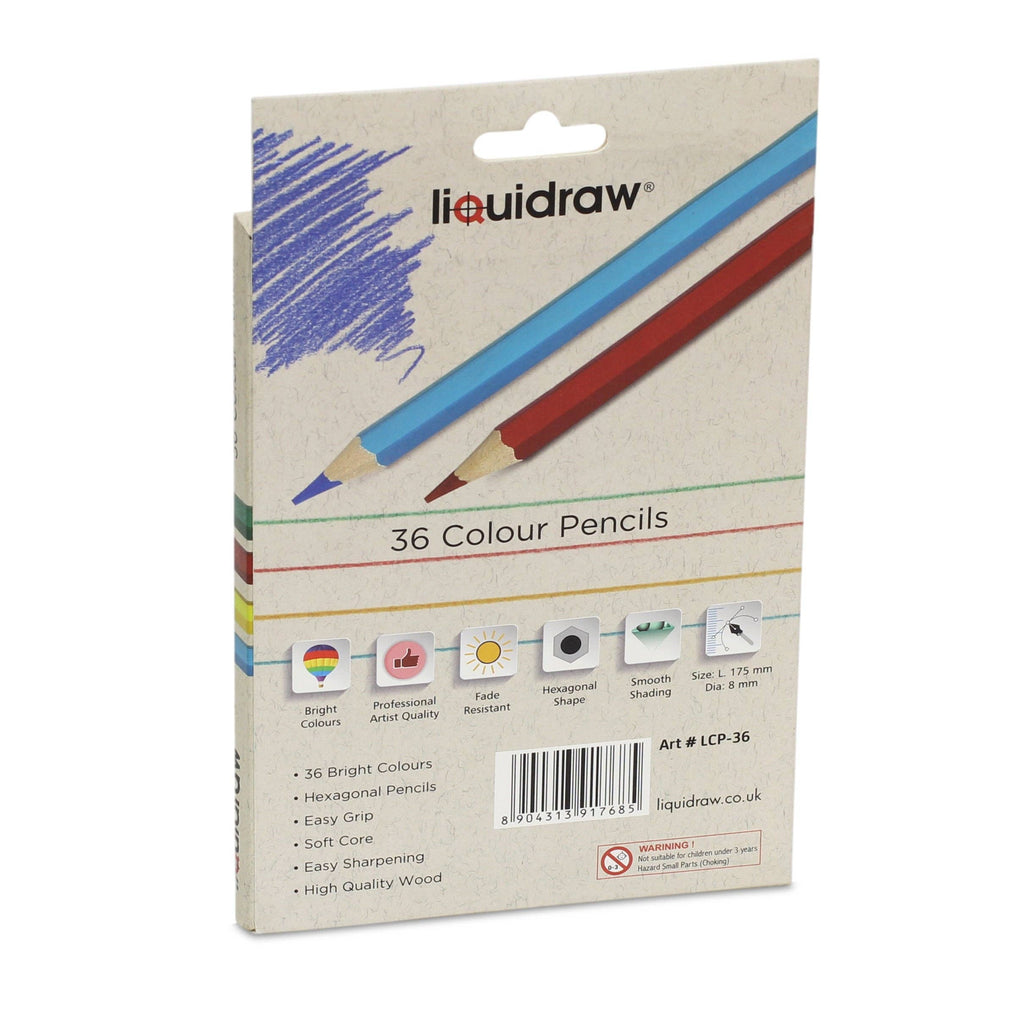 Liquidraw 36 Colour Pencils in its original cardboard packaging, featuring illustrations of a blue and a red pencil on a textured beige background.