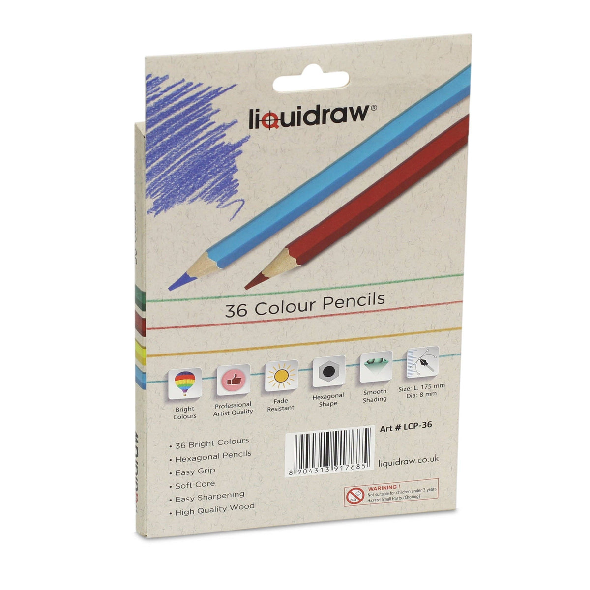 Liquidraw 36 Colour Pencils in its original cardboard packaging, featuring illustrations of a blue and a red pencil on a textured beige background.