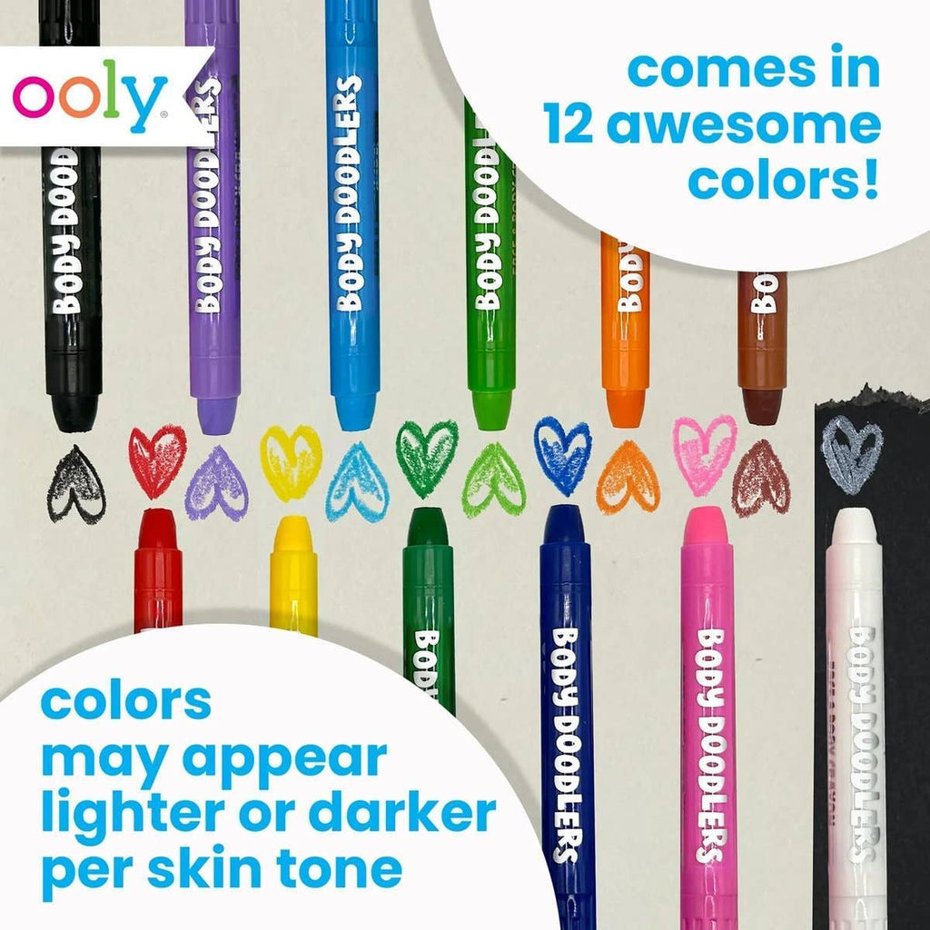 Set of colourful body doodler markers with heart designs on skin, displayed against a neutral background.