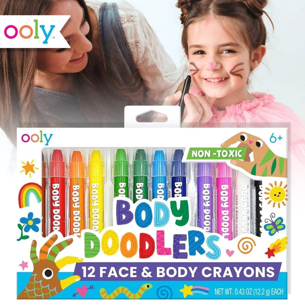 Ooly Body Doodlers face and body crayons packaging with a child and adult on a white background