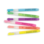 Set of 6 colourful puffy pens on a white background