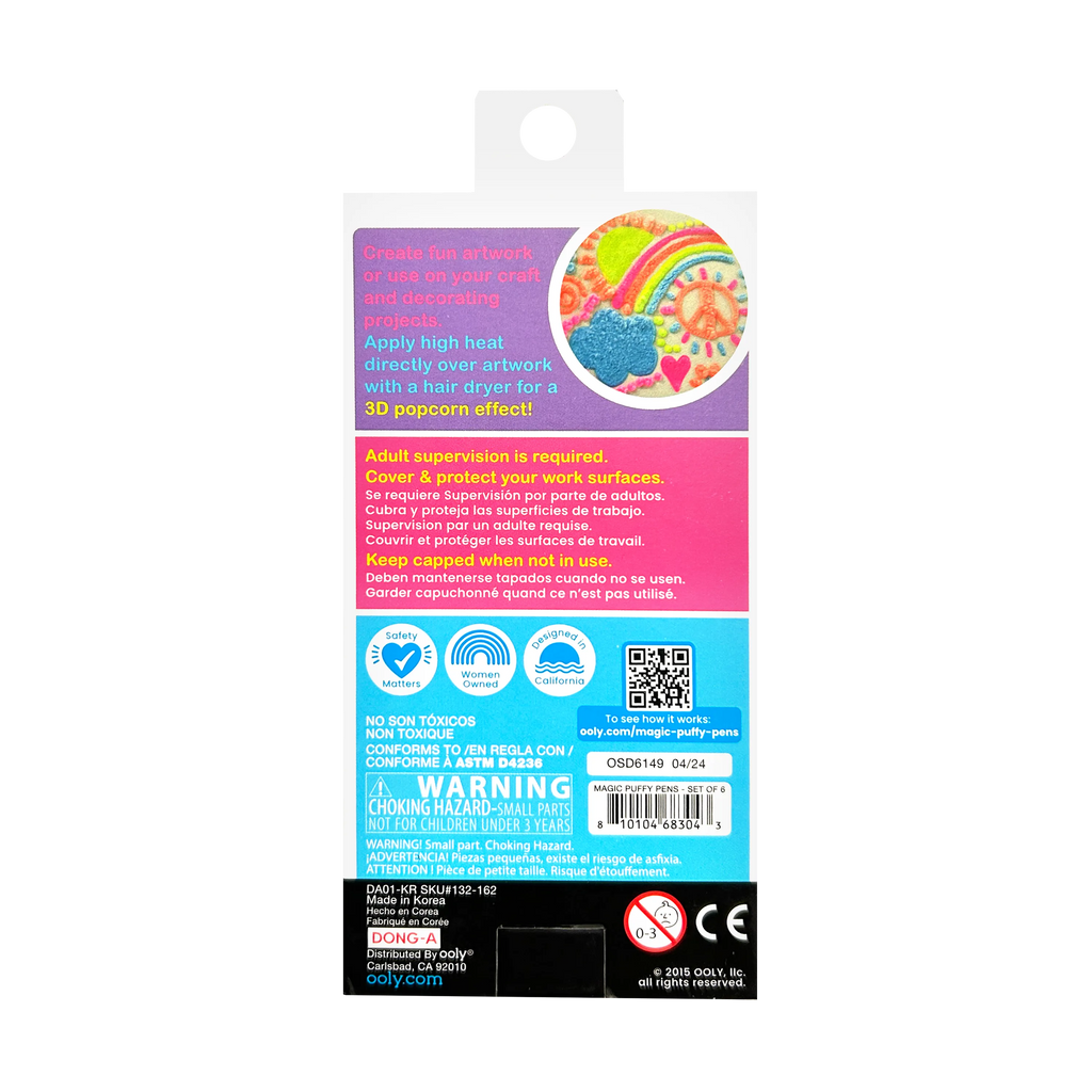 Colourful packaging with text and symbols on a white background