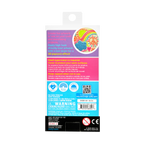 Colourful packaging with text and symbols on a white background