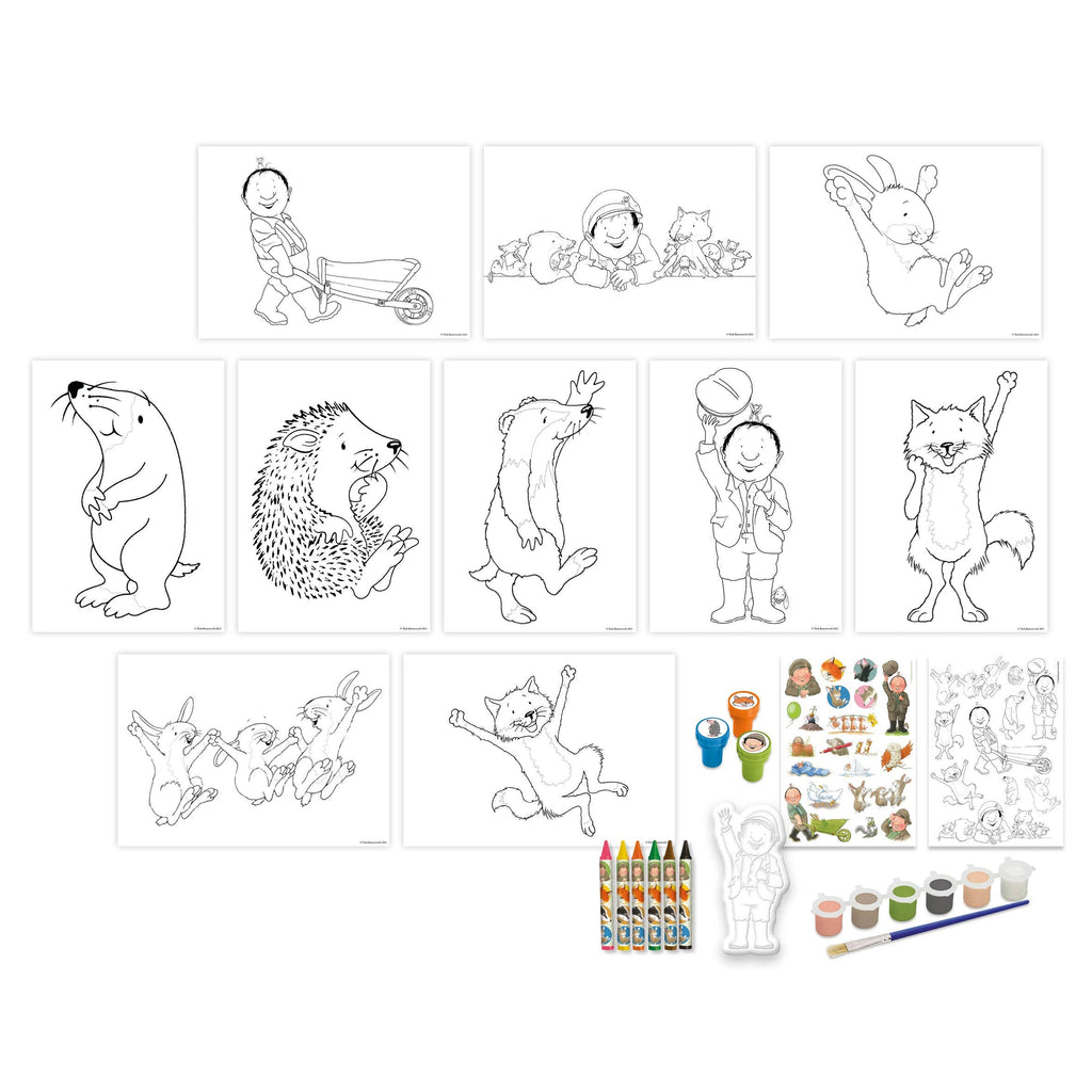 A children's colouring and painting kit displayed on a white background, featuring multiple black-and-white animal and child line drawings, a set of crayons, paint pots, brushes, stickers, and a white animal silhouette cutout.