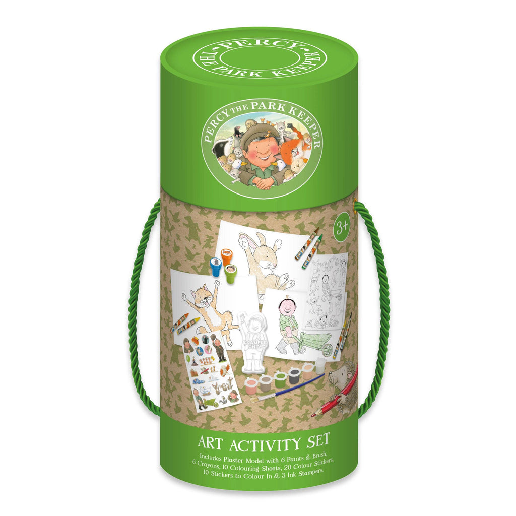 A cylindrical green and camouflage storage box for a children's art activity set, with a rope handle and printed illustrations of a deer, bird, and child drawing. Visible text includes 'PERCY THE PARK KEEPER' and 'ART ACTIVITY SET'.