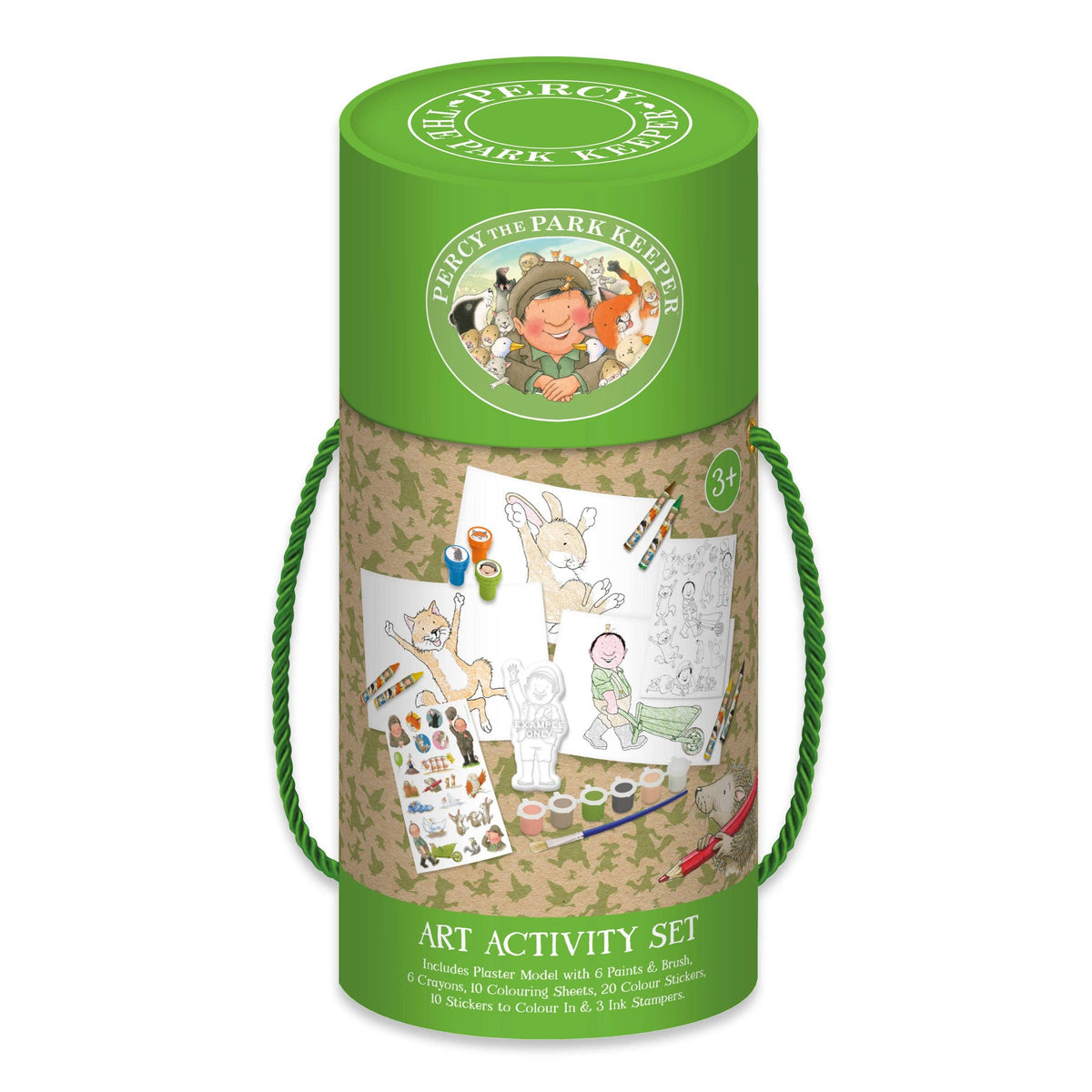 A cylindrical green and camouflage storage box for a children's art activity set, with a rope handle and printed illustrations of a deer, bird, and child drawing. Visible text includes 'PERCY THE PARK KEEPER' and 'ART ACTIVITY SET'.