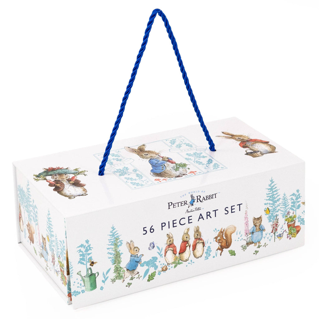 Peter Rabbit 56 Piece Art Set gift box with a blue rope handle, featuring illustrations of Peter Rabbit and other characters on a white background.