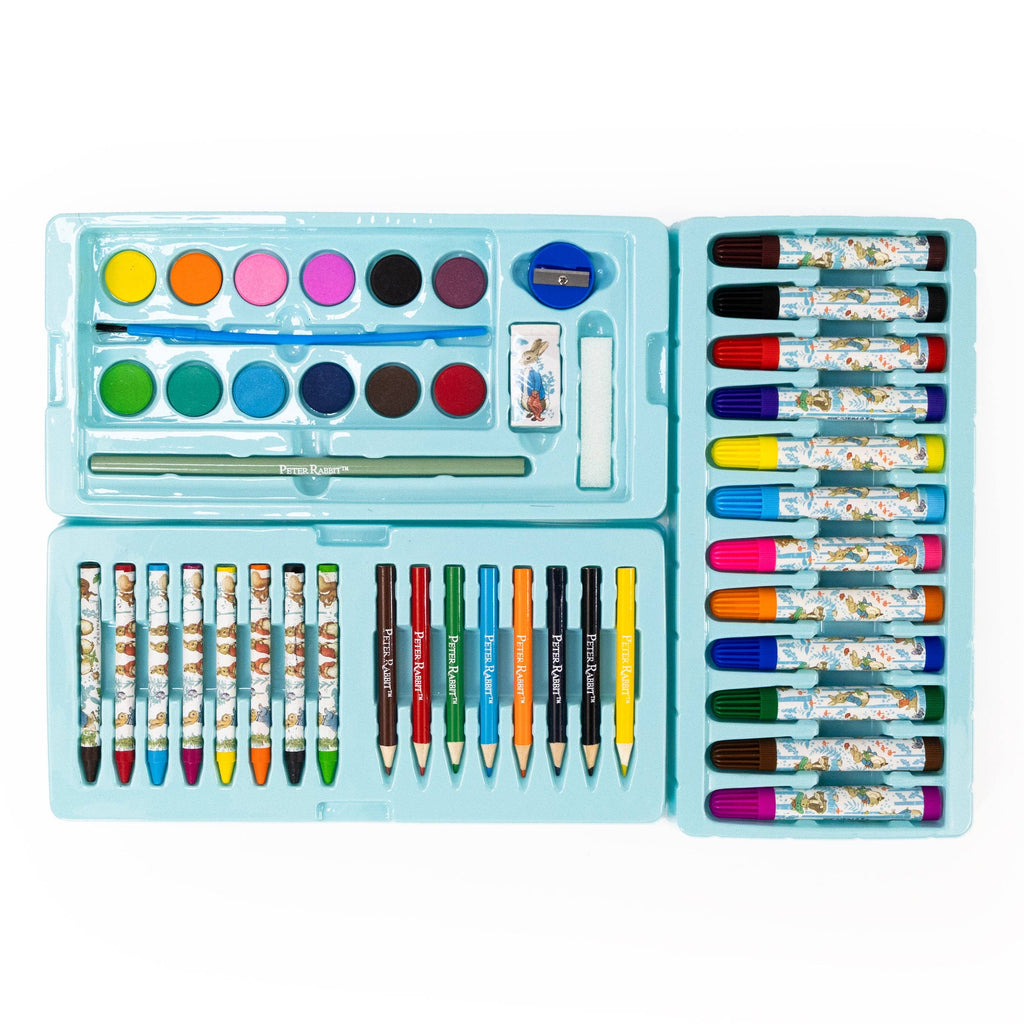 A children's Peter Rabbit art and drawing set in a light blue plastic case, shown open against a white background. The set includes watercolour paints and palettes, coloured pencils, markers, and patterned drawing pencils.