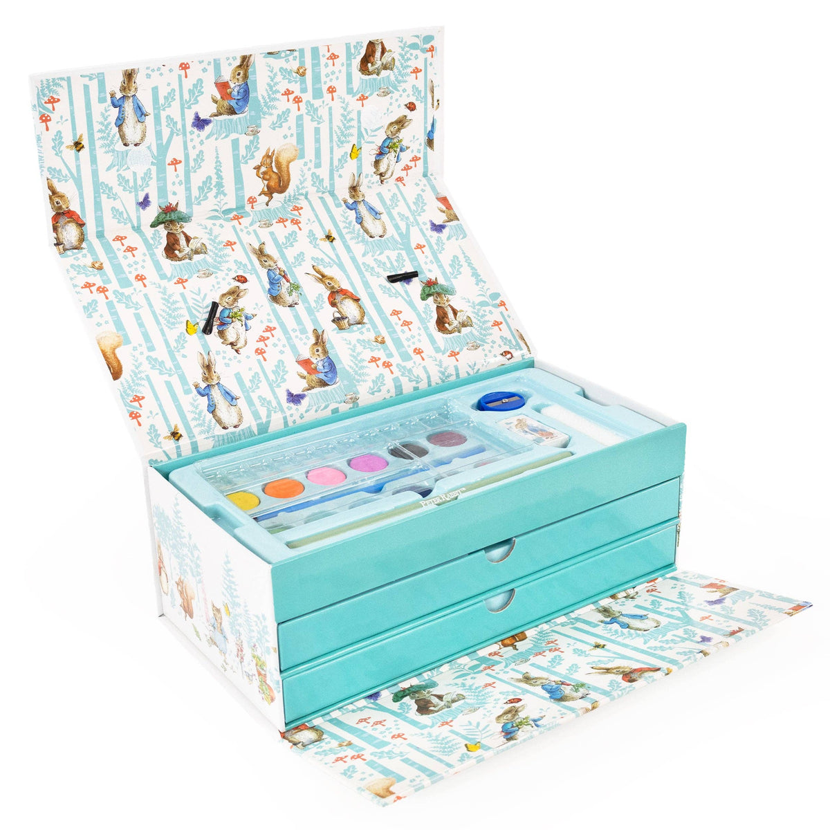 A children's makeup palette set in a turquoise and white patterned storage box, shown open with the lid and lower drawer pulled out on a white background.