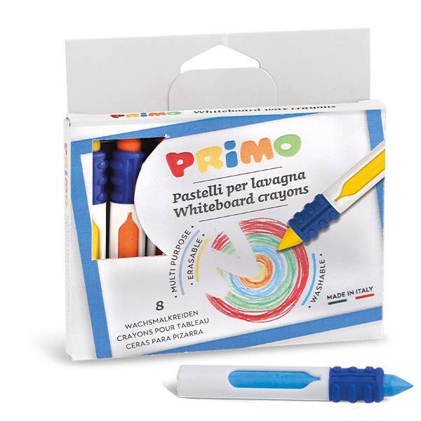 A package of PRIMo whiteboard crayons with one crayon displayed in front on a white background.