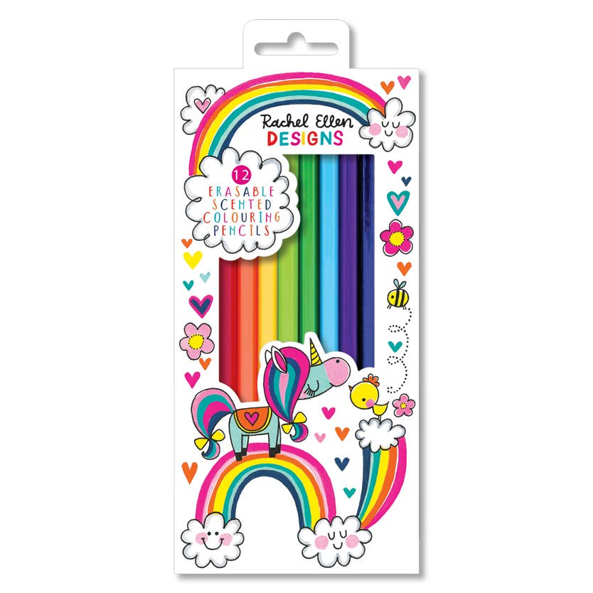 Pack of erasable scented colouring pencils with rainbow design and Rachel Ellen Designs branding.