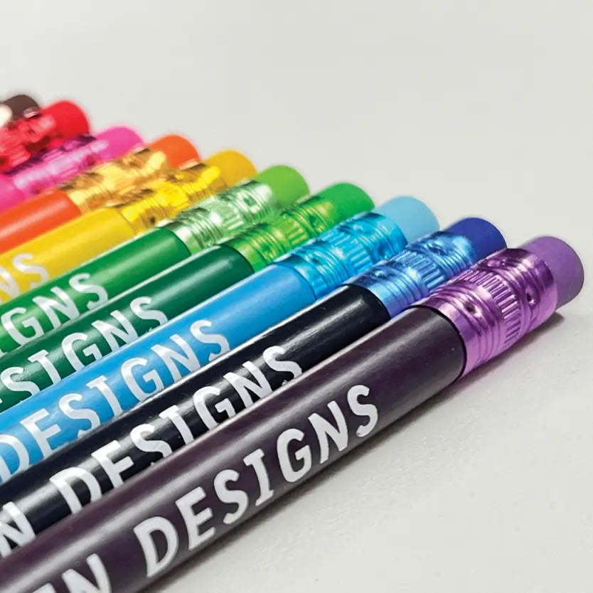 Colourful pens with 'My Designs' branding on a light gray background