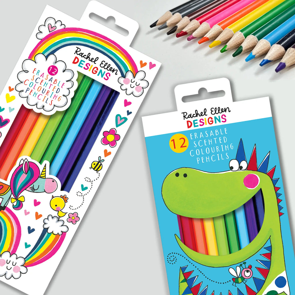 Two packages of Rachel Ellen Designs erasable scented colouring pencils on a light gray background.