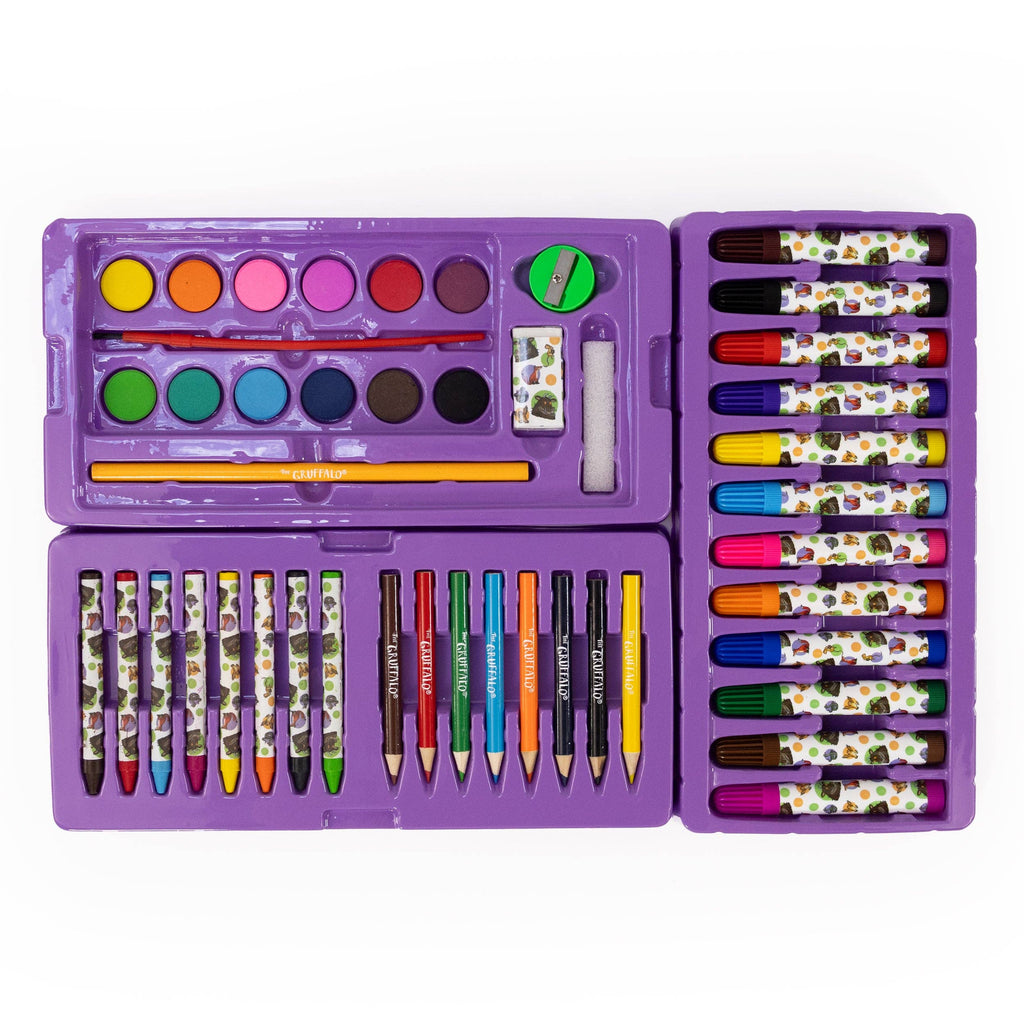 A children's art set in a purple plastic case, shown open on a white background. The set includes watercolour paint pans, coloured pencils, crayons, and patterned drawing sticks.