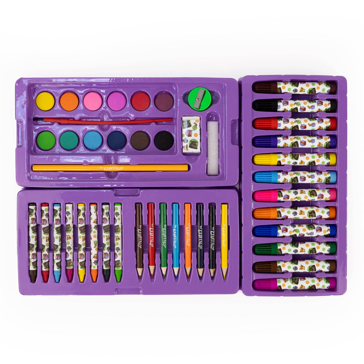 A children's art set in a purple plastic case, shown open on a white background. The set includes watercolour paint pans, coloured pencils, crayons, and patterned drawing sticks.