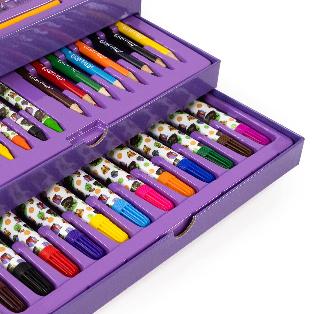 A purple children's art set with two open drawers containing colourful markers and coloured pencils. The markers have white barrels with a colourful pattern, and the pencils are in a matching purple case.