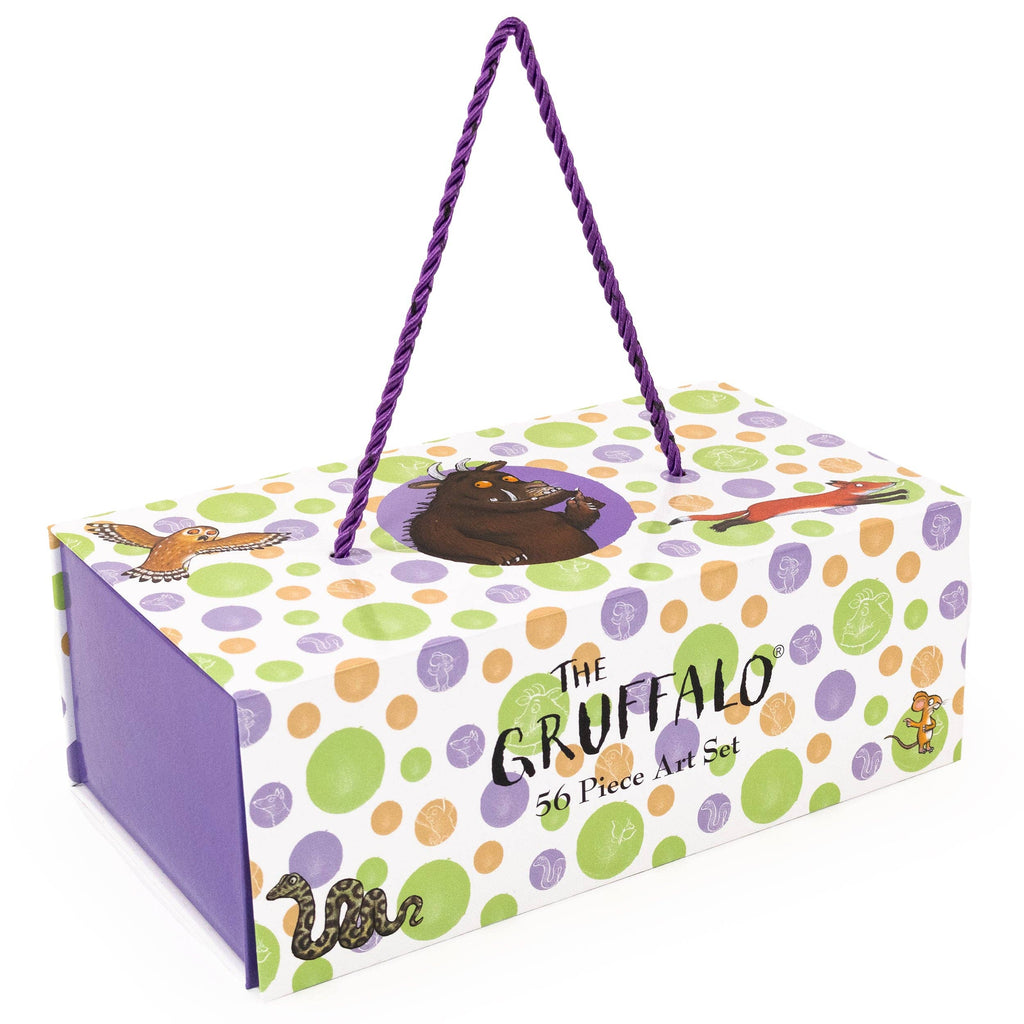 The Gruffalo 36 Piece Art Set in its original illustrated storage box, featuring a purple rope handle and colorful polka-dot pattern on a white background.