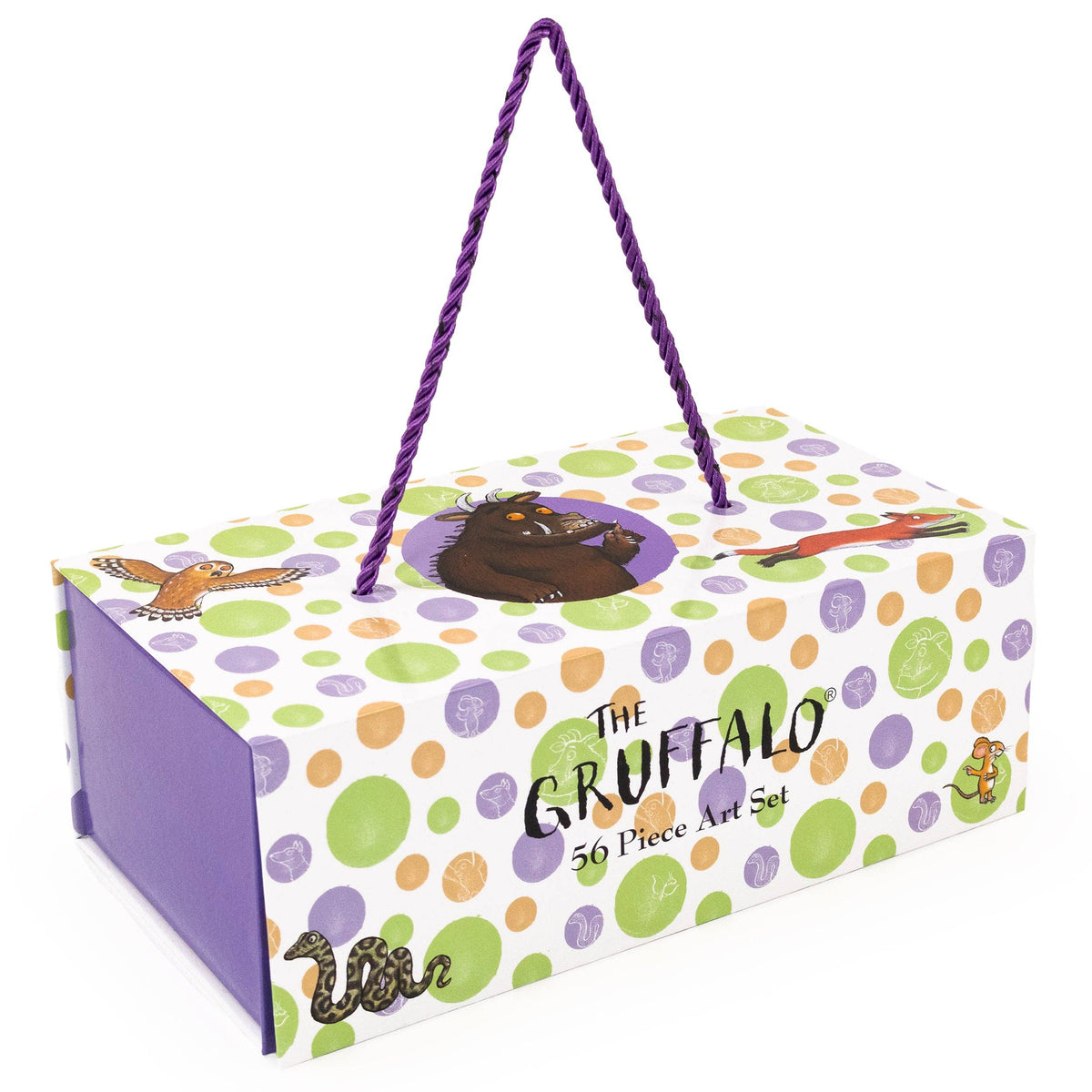 The Gruffalo 36 Piece Art Set in its original illustrated storage box, featuring a purple rope handle and colorful polka-dot pattern on a white background.