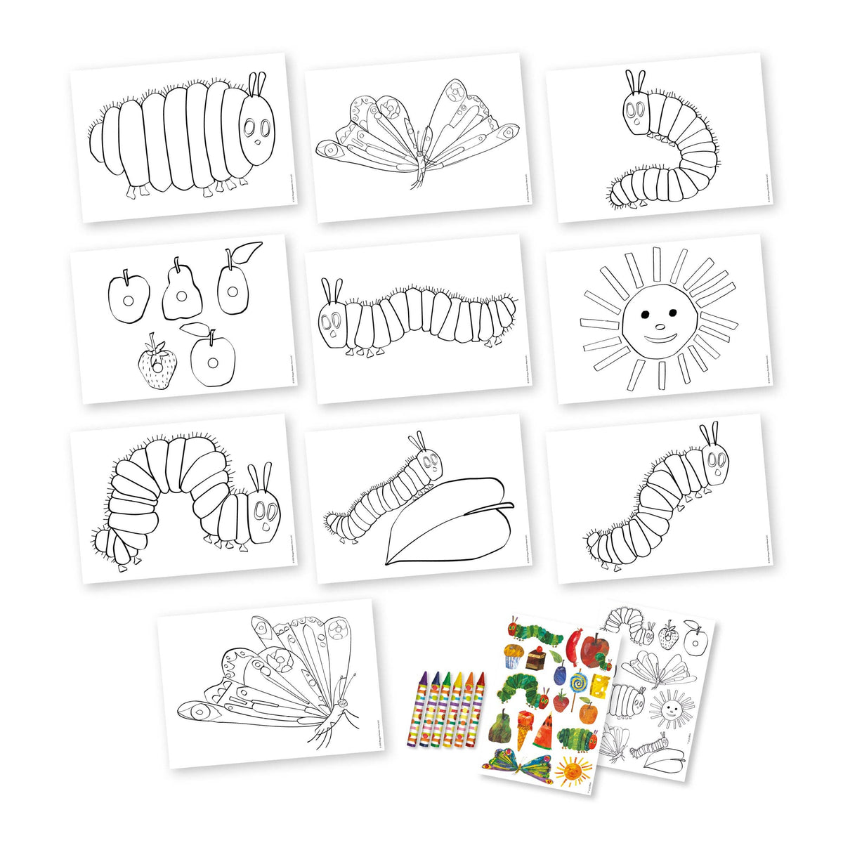 Set of colouring pages with caterpillars, butterflies, and fruits on a white background