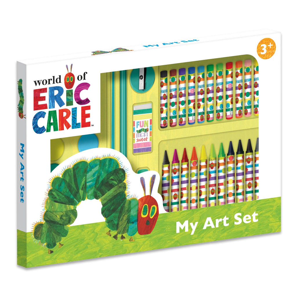 World of Eric Carle art set packaging with crayons and a caterpillar illustration.