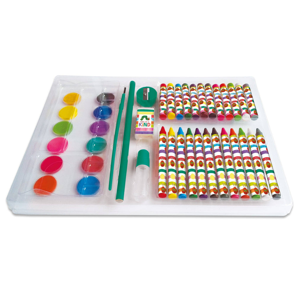 Art supplies including crayons, watercolours, and paintbrushes on a white background
