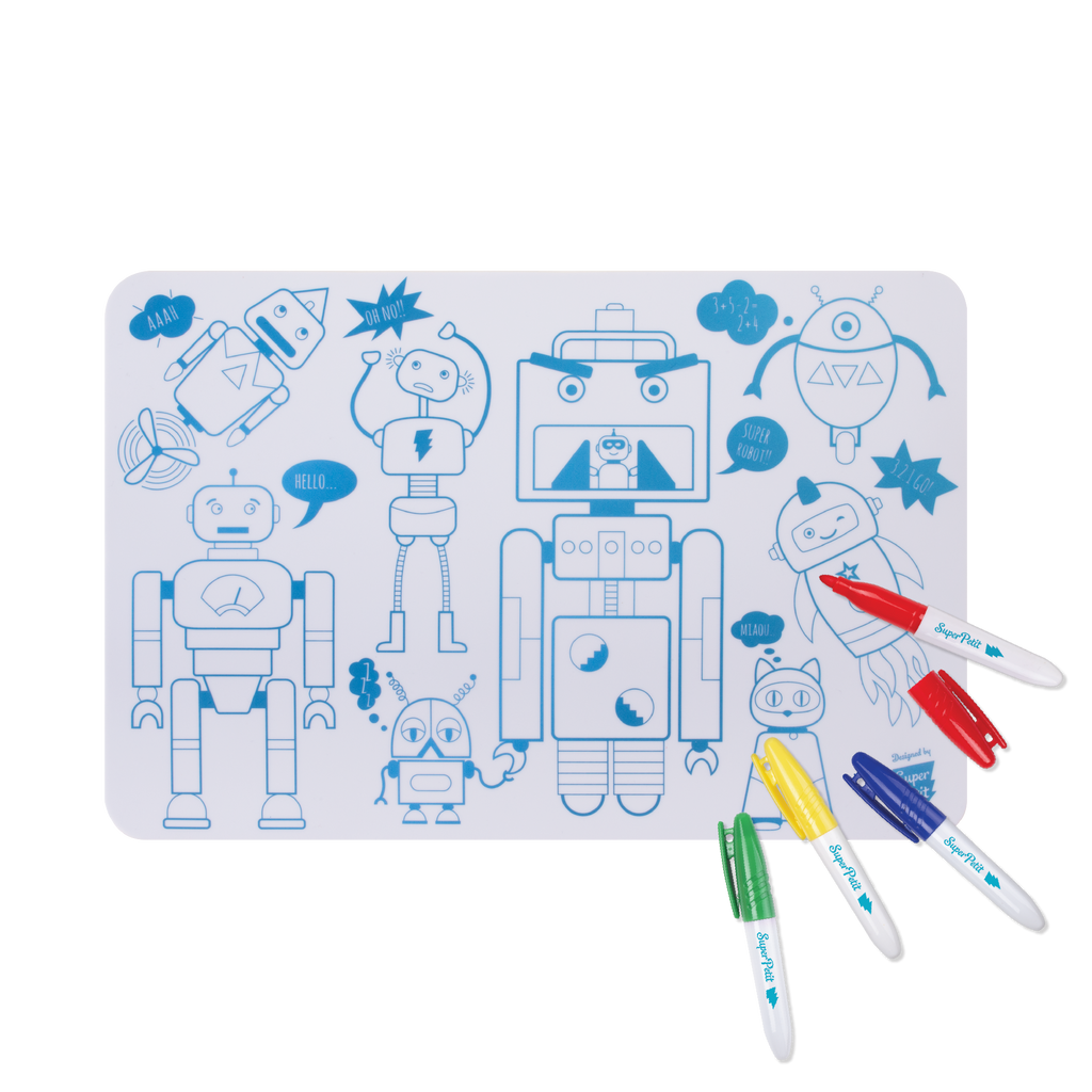 A white magnetic drawing board with blue robot illustrations and several colorful markers placed in front on a white background.