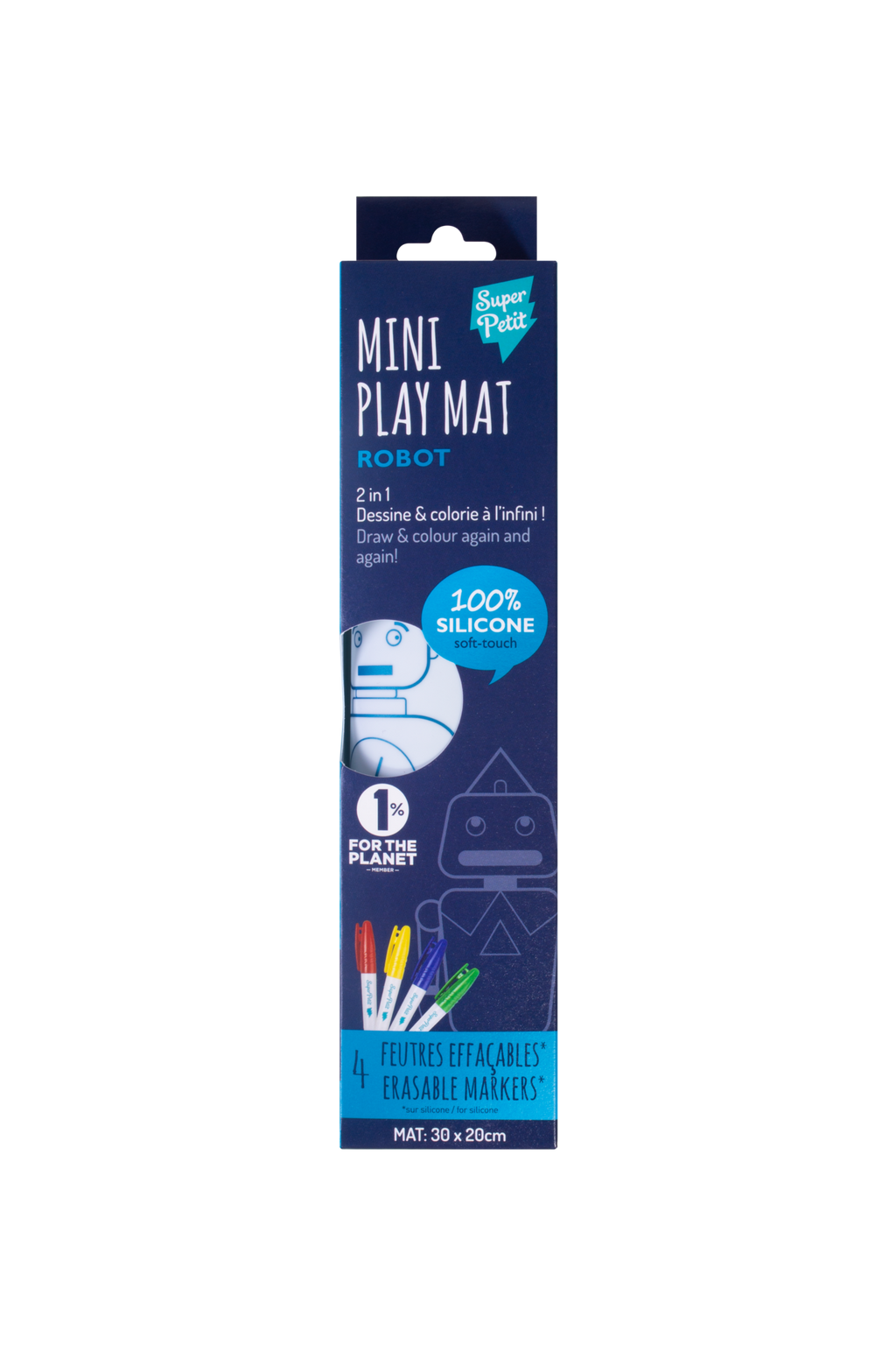 A package of Super Petti Mini Play Mat Robot, featuring a dark blue cardboard box with illustrations of a robot, a drawing hand, and colorful markers, set against a plain white background.
