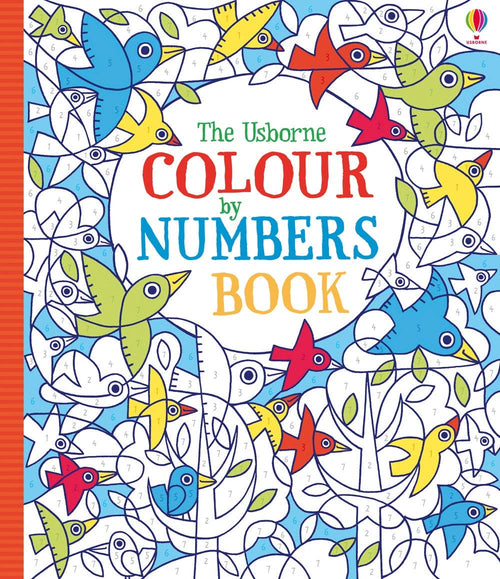 Coloring book titled 'The Usborne Colour by Numbers Book' with colorful birds on the cover.
