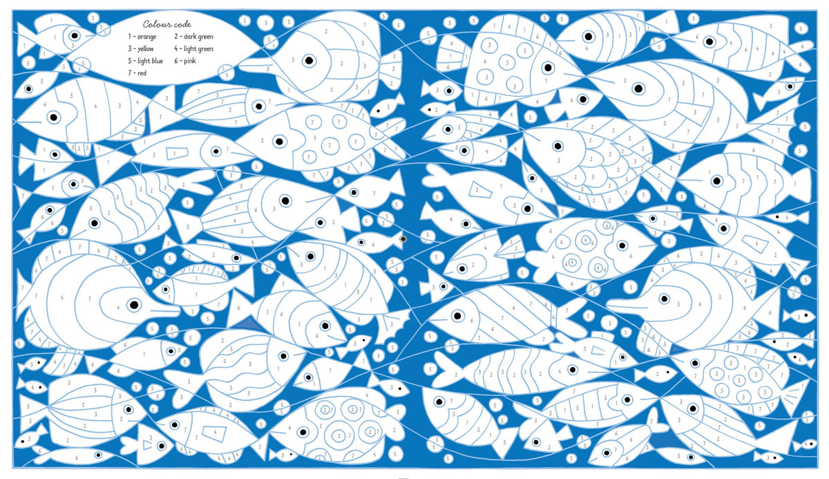 A square colorblind-identification art print featuring a dense pattern of stylized fish in blue and white, with a small legend in the top-left corner listing color names and numbers.