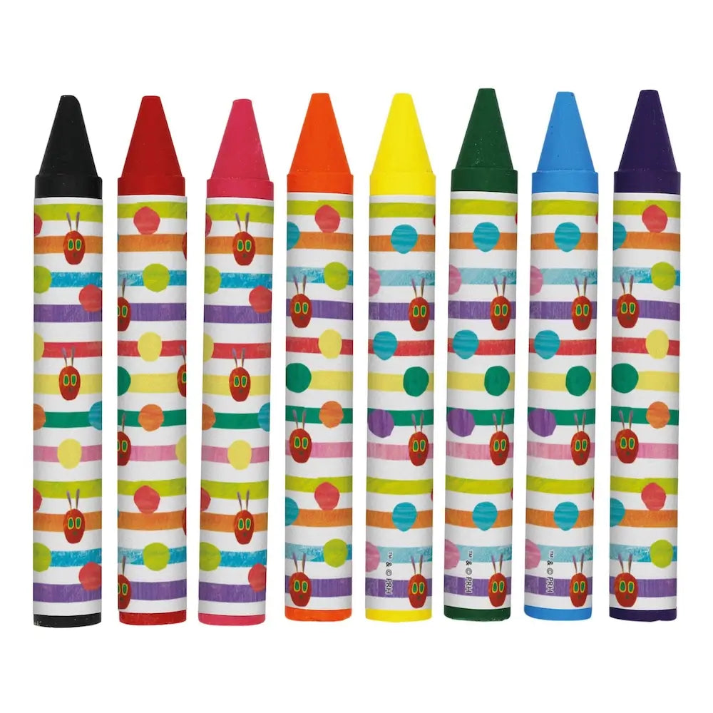Seven children's crayons with colorful tips and striped bodies decorated with cartoon ladybug patterns, arranged side by side on a white background.