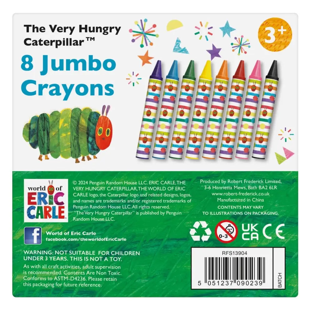 Packaging of 8 jumbo crayons from 'The Very Hungry Caterpillar' series by Eric Carle, featuring colorful illustrations and branding.