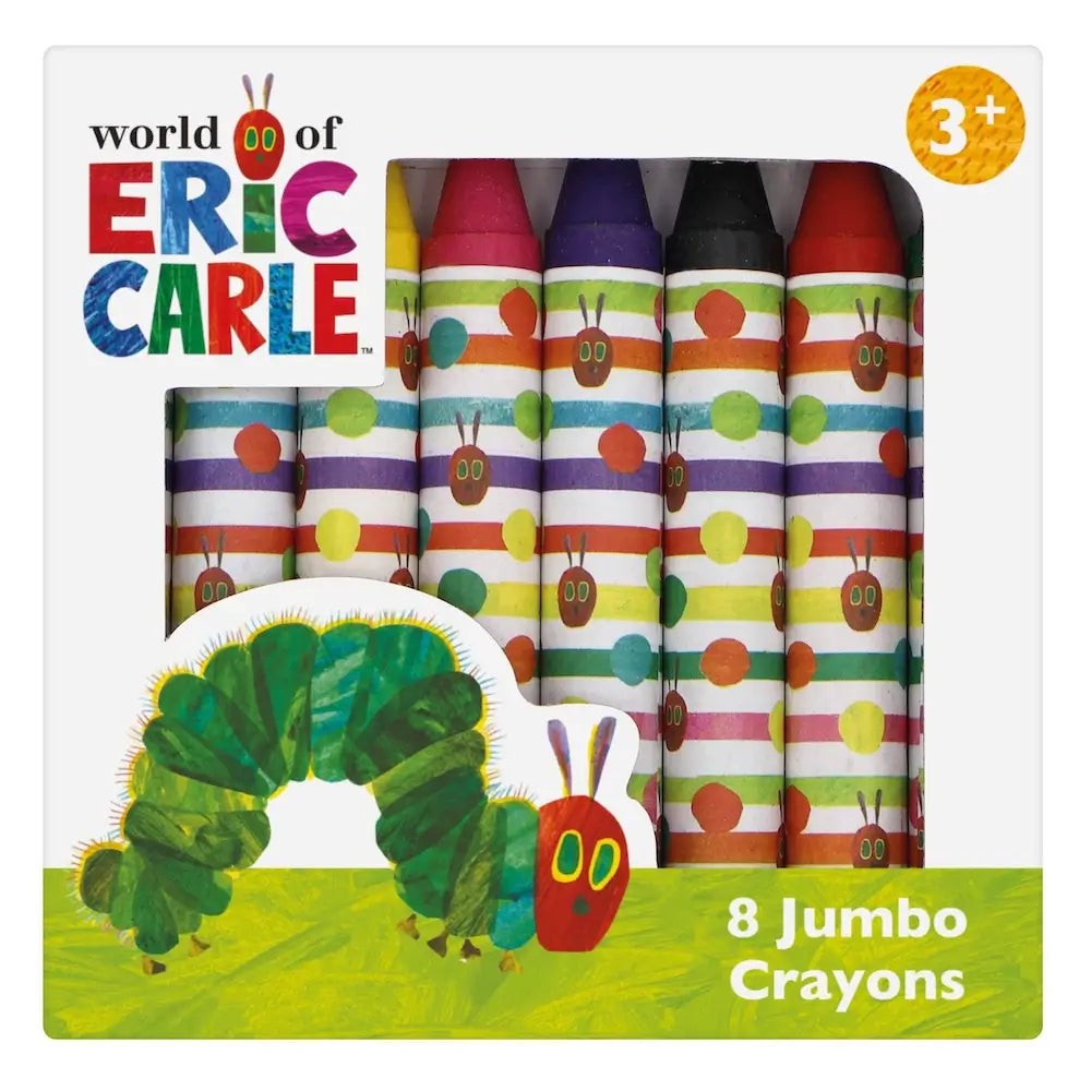 Box of 8 Jumbo Crayons from the World of Eric Carle featuring colorful designs and a caterpillar illustration.